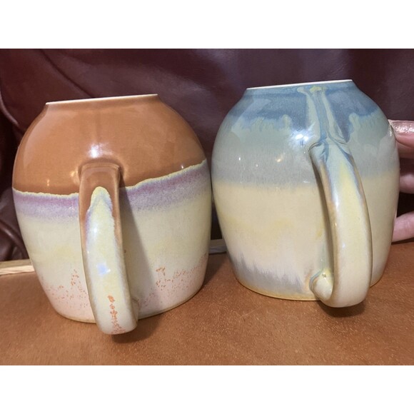 Ceramic Pottery Cabin style Urban Coffee Mugs 12-16 oz Drip Glaze- Set Of 2 - Picture 2 of 16